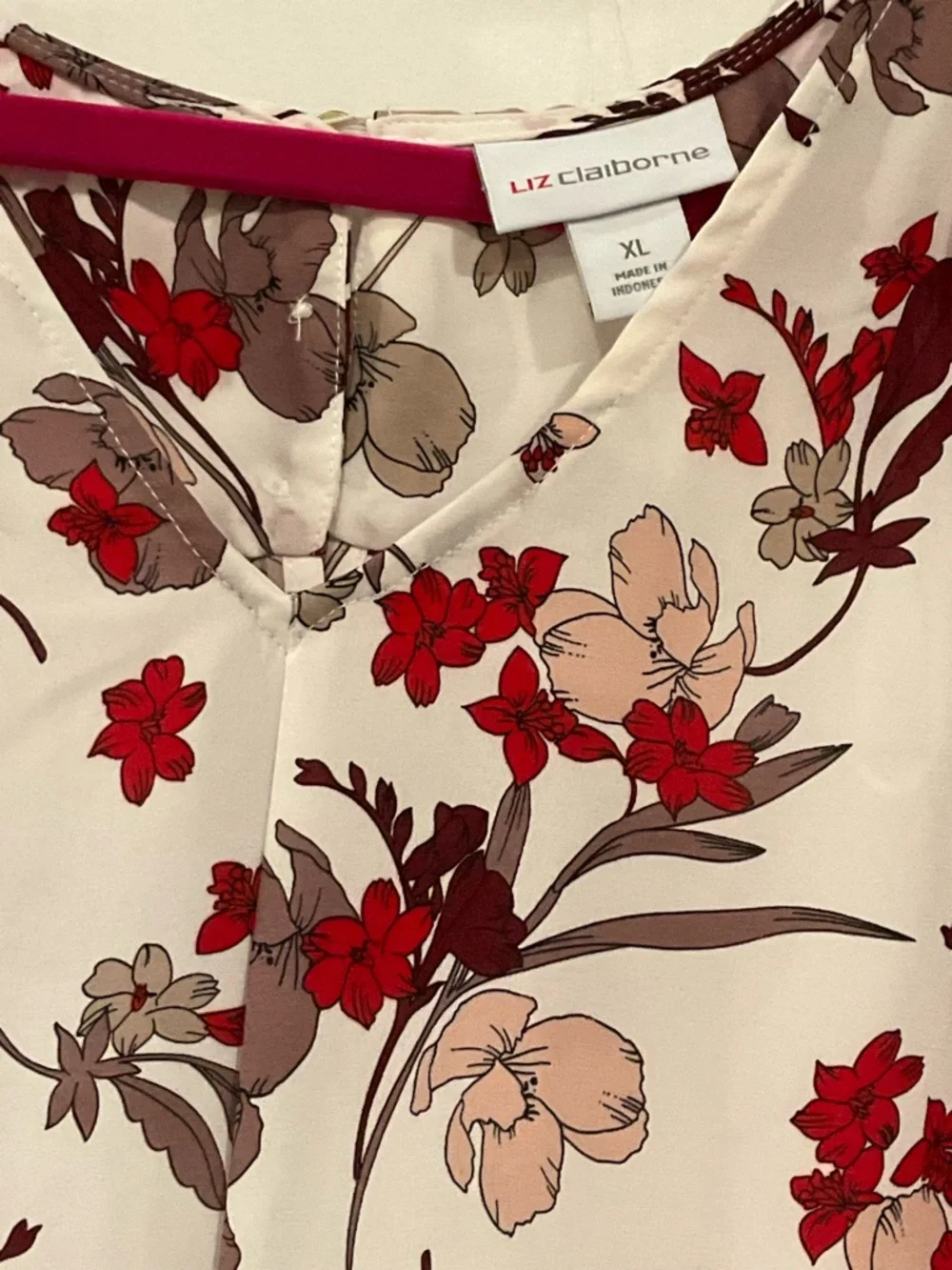 Women's Floral Short-Sleeve Blouse - Red & Taupe on Cream - Picture 3 of 6